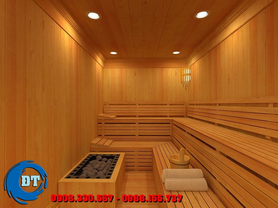 Nội thất phòng sauna: Sàn và băng ghế: Sàn và băng ghế phòng sauna được lắp đặt bởi các thanh gỗ thông đặc dày 20-25 mm